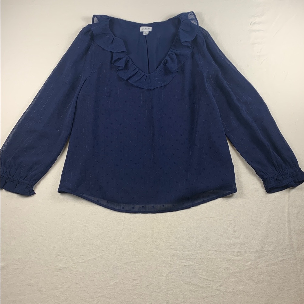 J Crew Factory Navy Blouse NWOT Medium Long Sleeve Ruffle‎ Collar and Wrist